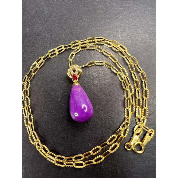 Phosphosiderite and CZ pendant with gold over sterling silver chain - Picture 2 of 11